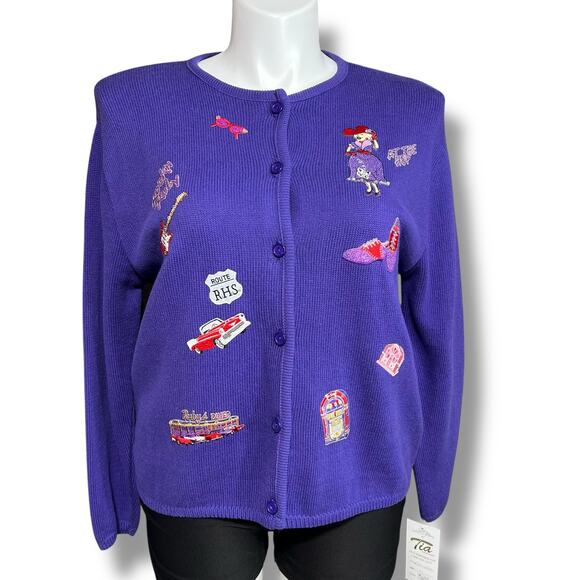 Vintage Red Hat Society Ruby Elite Cardigan Sweater Knit Patches Purple XL - Picture 1 of 16